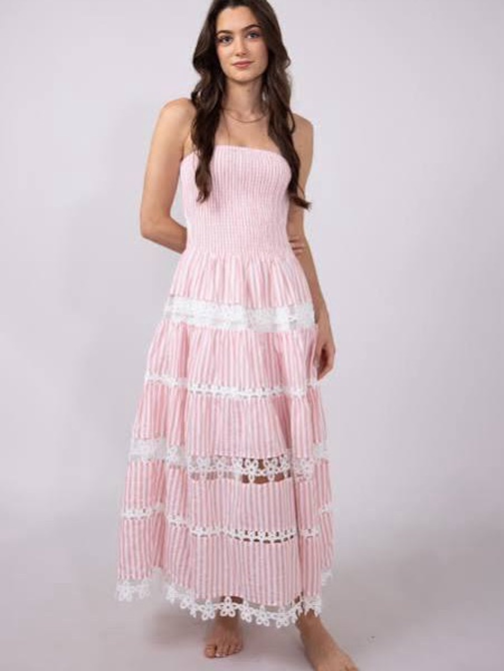 Strut & Bolt Smocked Pink & White Maxi Dress with Lace Trim. NWT small